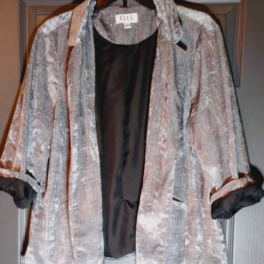 Elle Silver And Black Velour Plush Blazer Jacket Stylish Suit Top Plaid Pattern